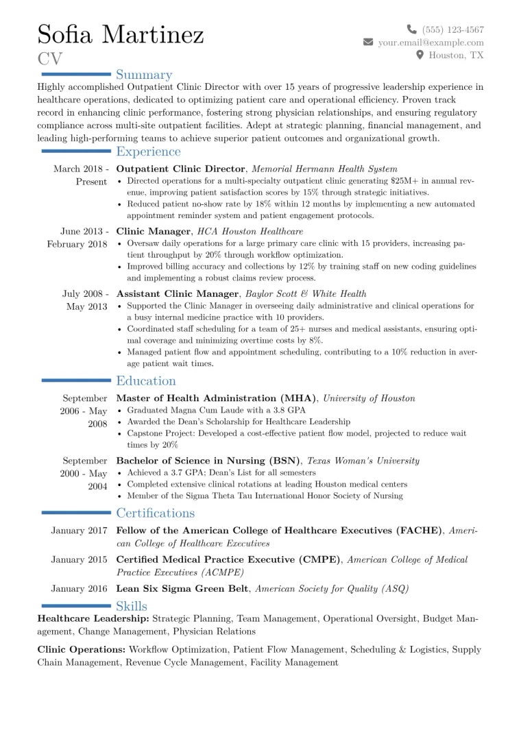 Outpatient Clinic Director Resume Example CV template preview