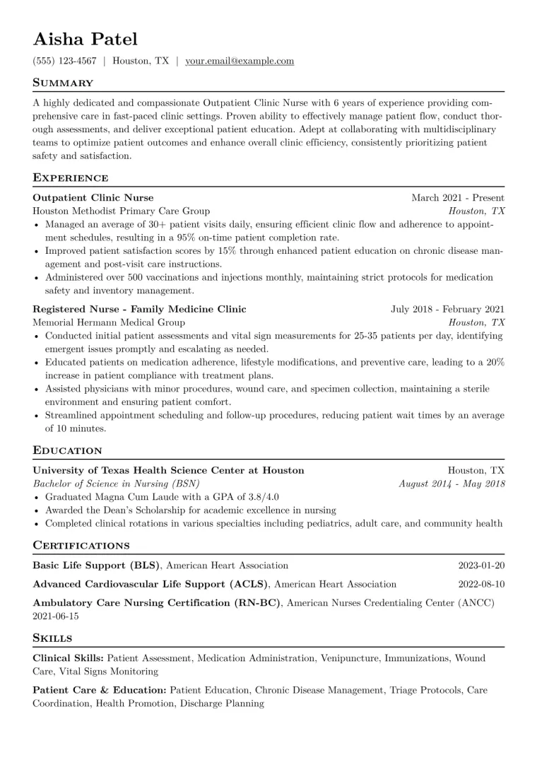 Outpatient Clinic Nurse Resume Example CV template preview