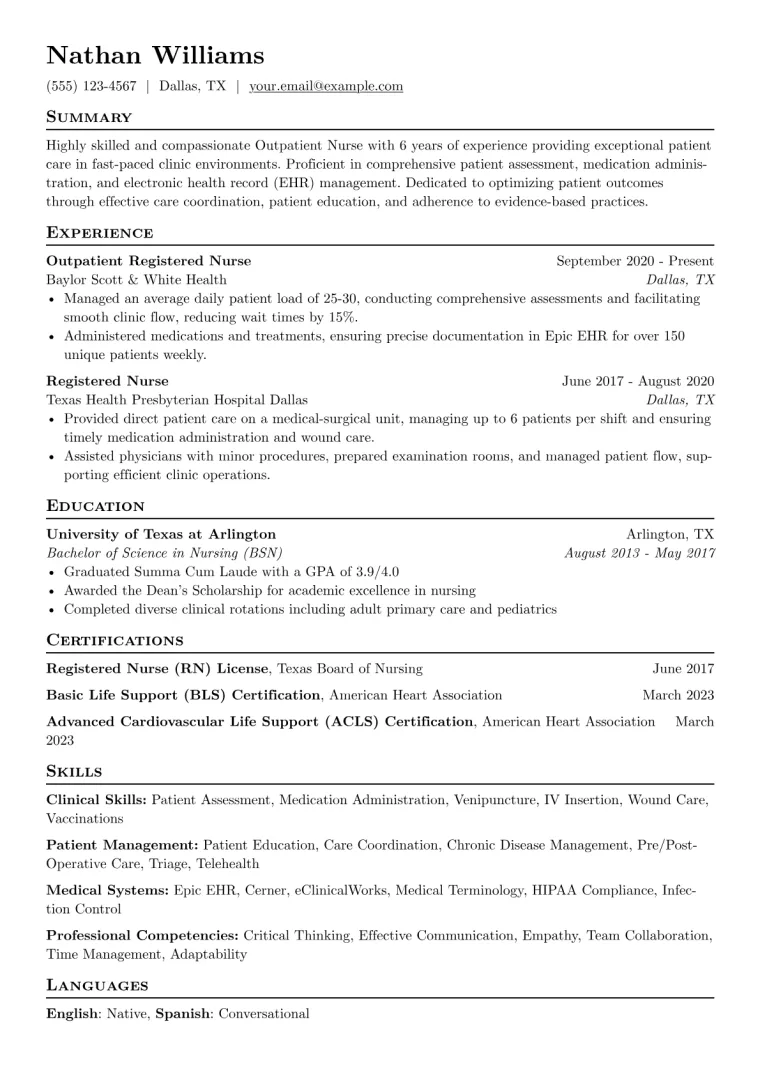 Outpatient Nurse Resume Example CV template preview