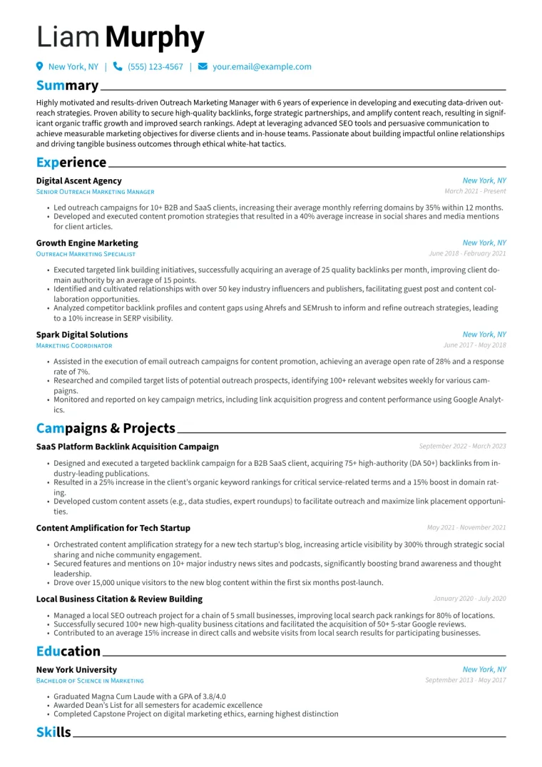 Outreach Marketing Manager Resume Example CV template preview