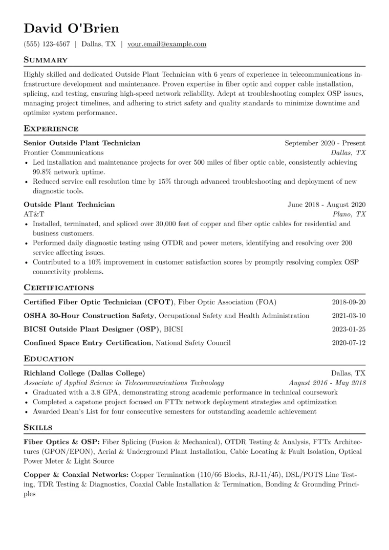 Outside Plant Technician Resume Example CV template preview