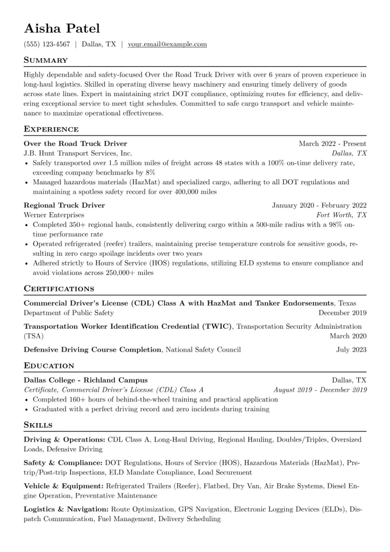 Over the Road Truck Driver Resume Example CV template preview