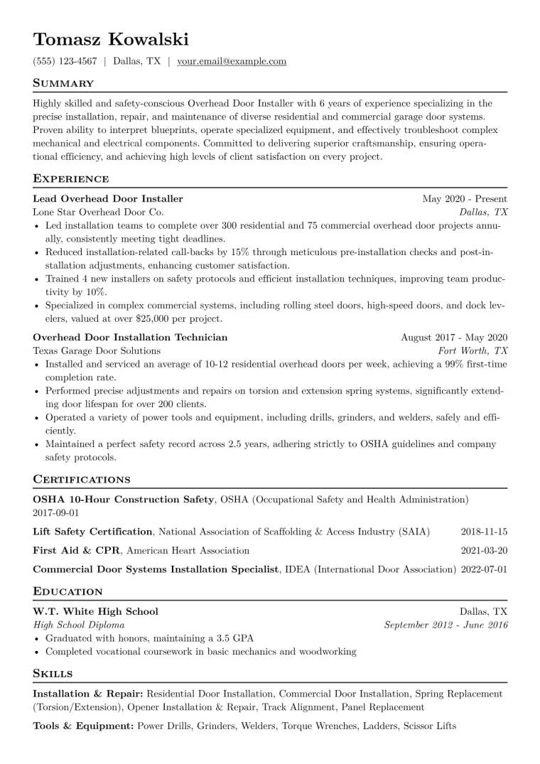 Overhead Door Installer Resume Example CV template preview