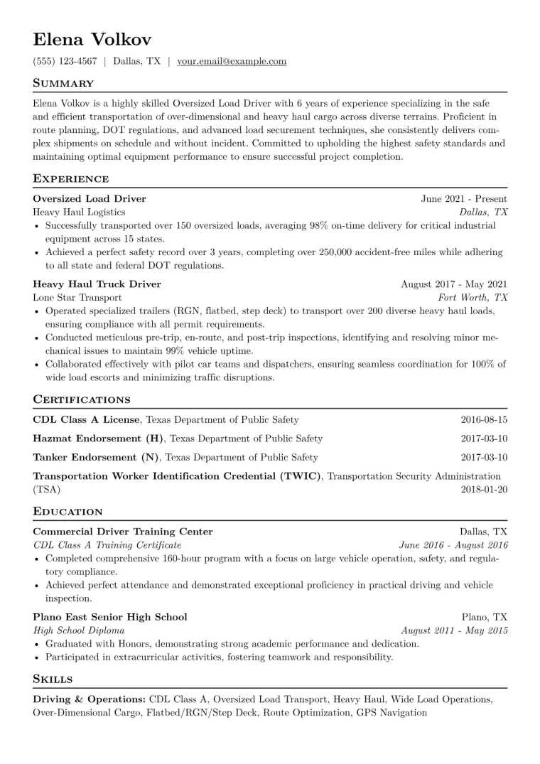 Oversized Load Driver Resume Example CV template preview