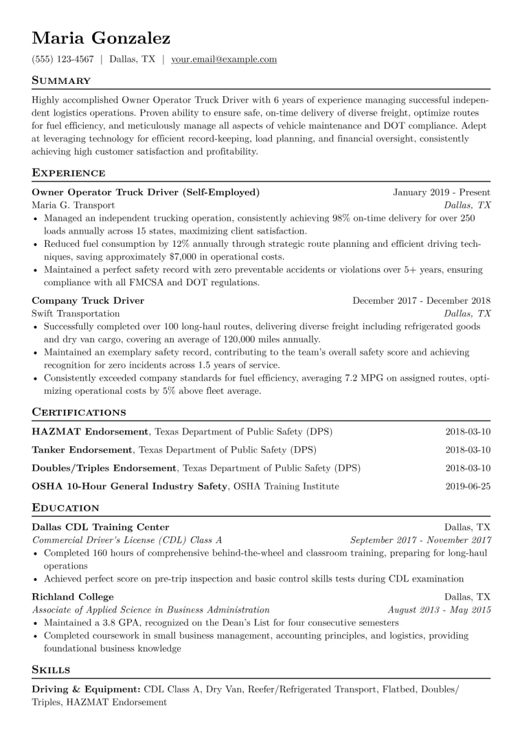 Owner Operator Truck Driver Resume Example CV template preview