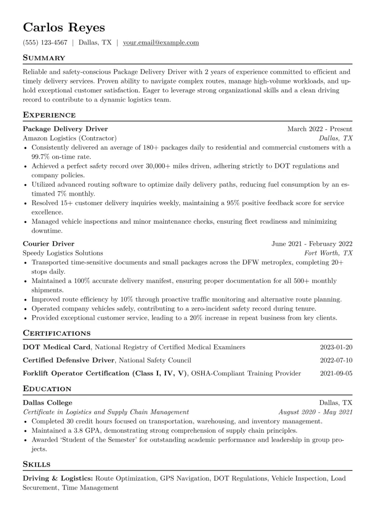 Package Delivery Driver Resume Example CV template preview