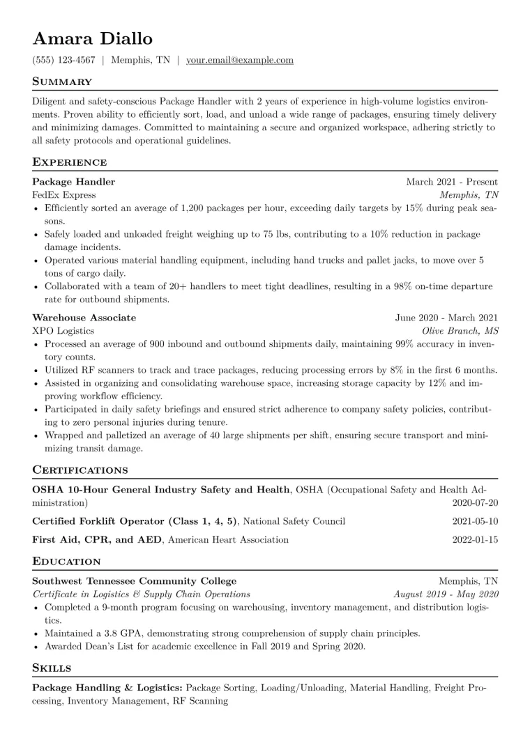 Package Handler Resume Example CV template preview