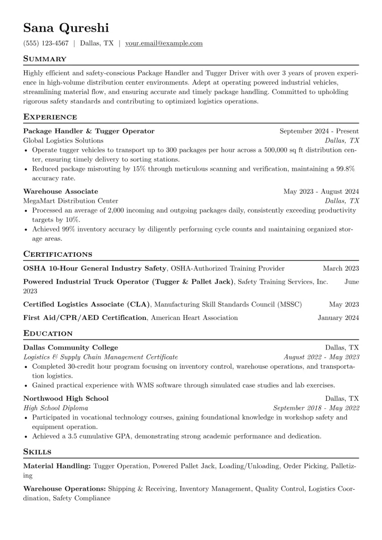 Package Handler Tugger Driver Resume Example CV template preview