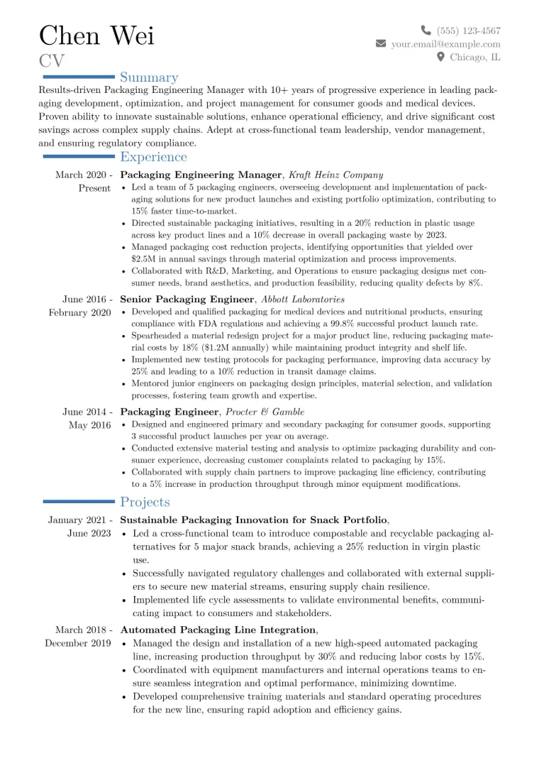 Packaging Engineering Manager Resume Example CV template preview