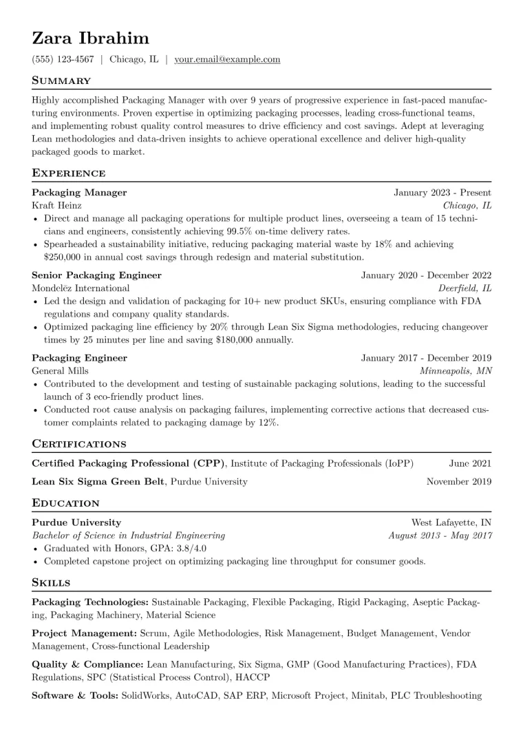 Packaging Manager Resume Example CV template preview