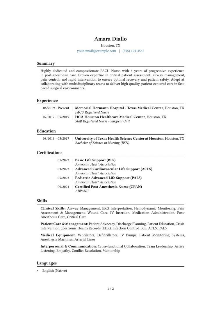 PACU Nurse Resume Example CV template preview