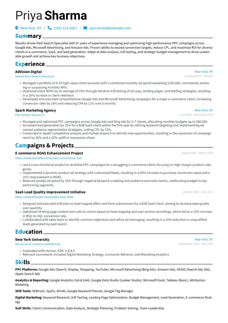 Paid Search Specialist Resume Example CV template preview