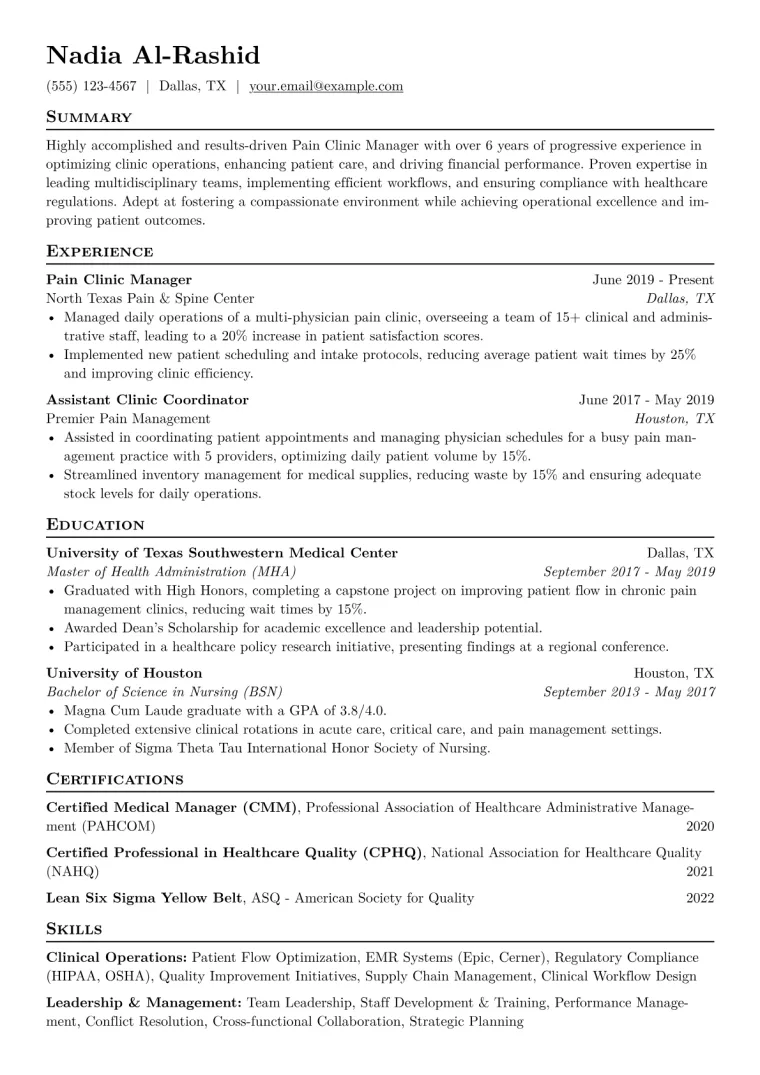 Pain Clinic Manager Resume Example CV template preview