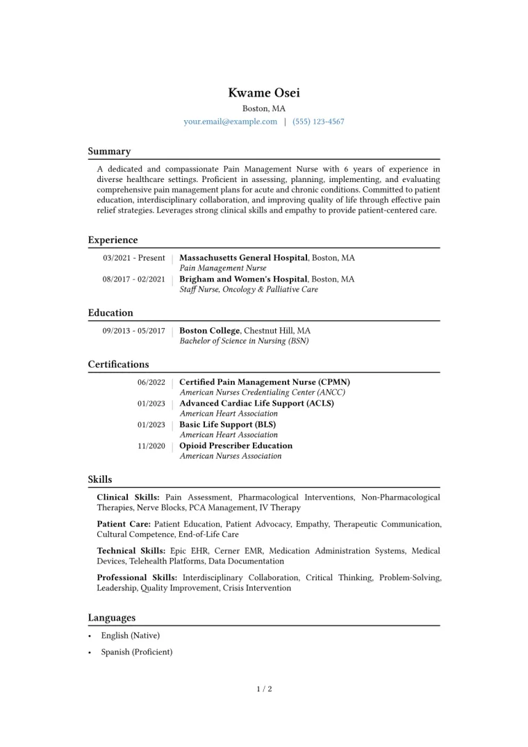 Pain Management Nurse Resume Example CV template preview