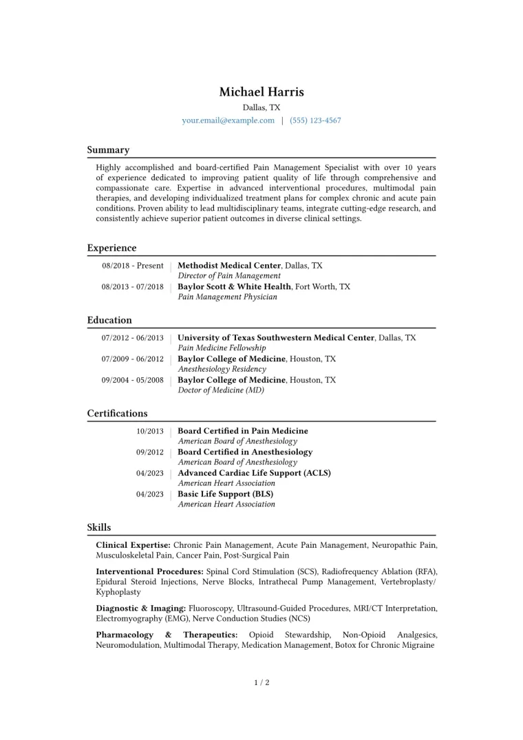 Pain Management Specialist Resume Example CV template preview
