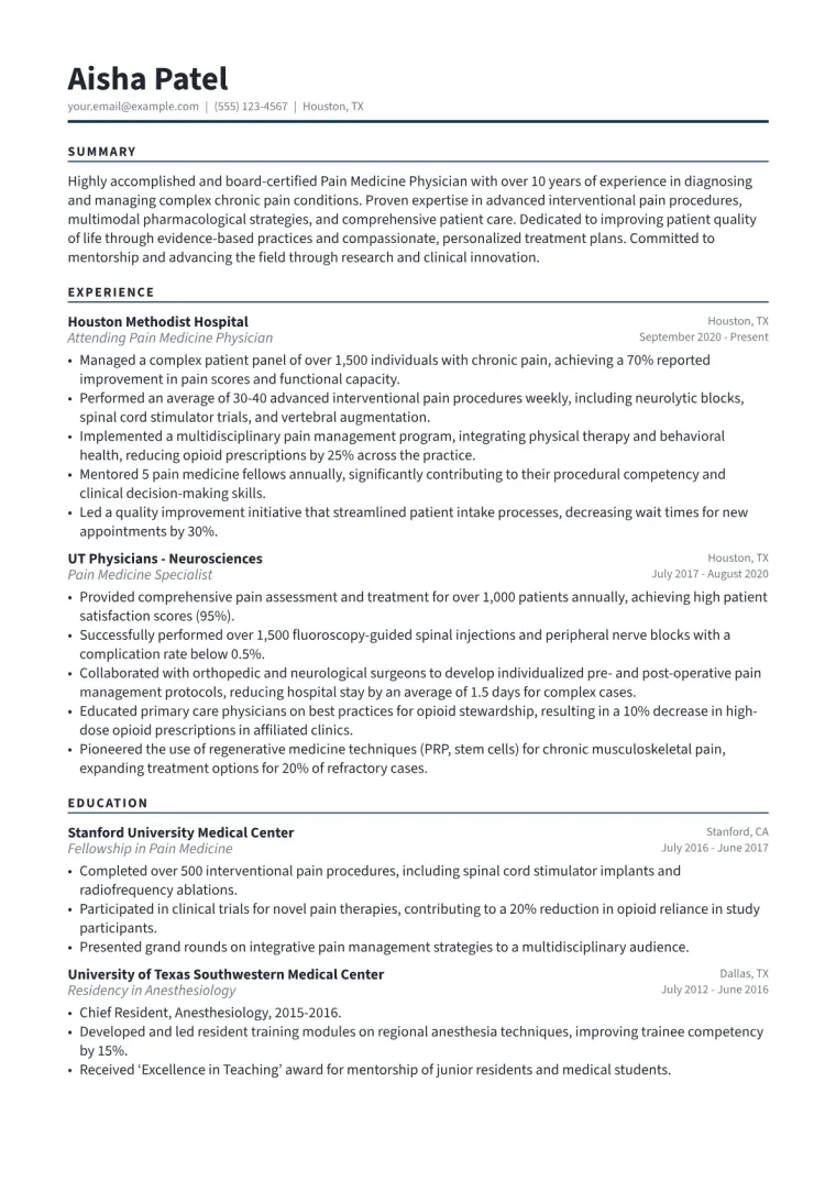 Pain Medicine Physician Resume Example CV template preview