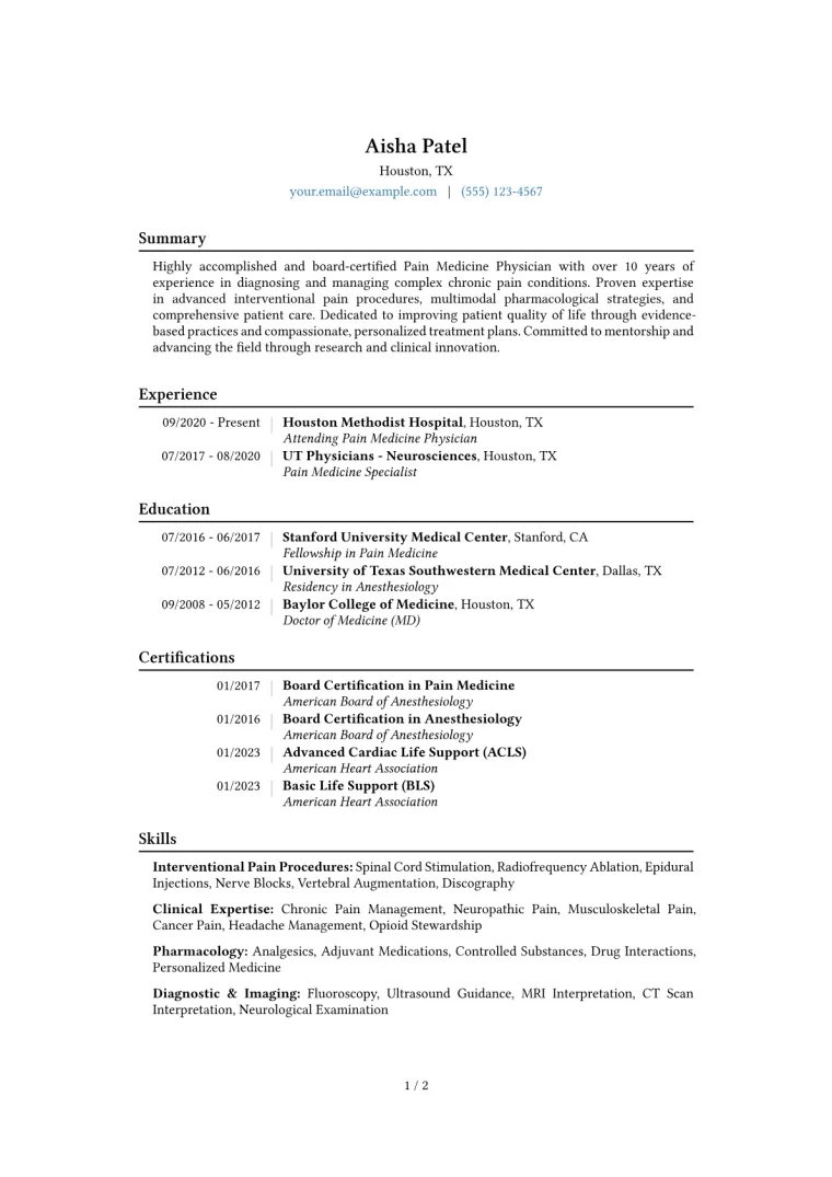 Pain Medicine Physician Resume Example CV template preview