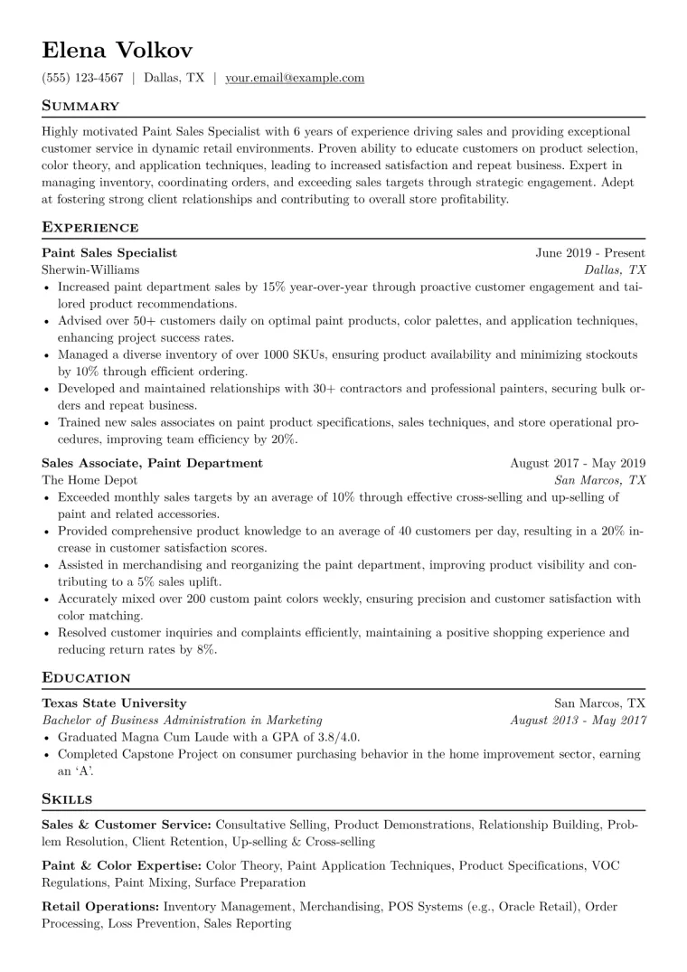 Paint Sales Specialist Resume Example CV template preview