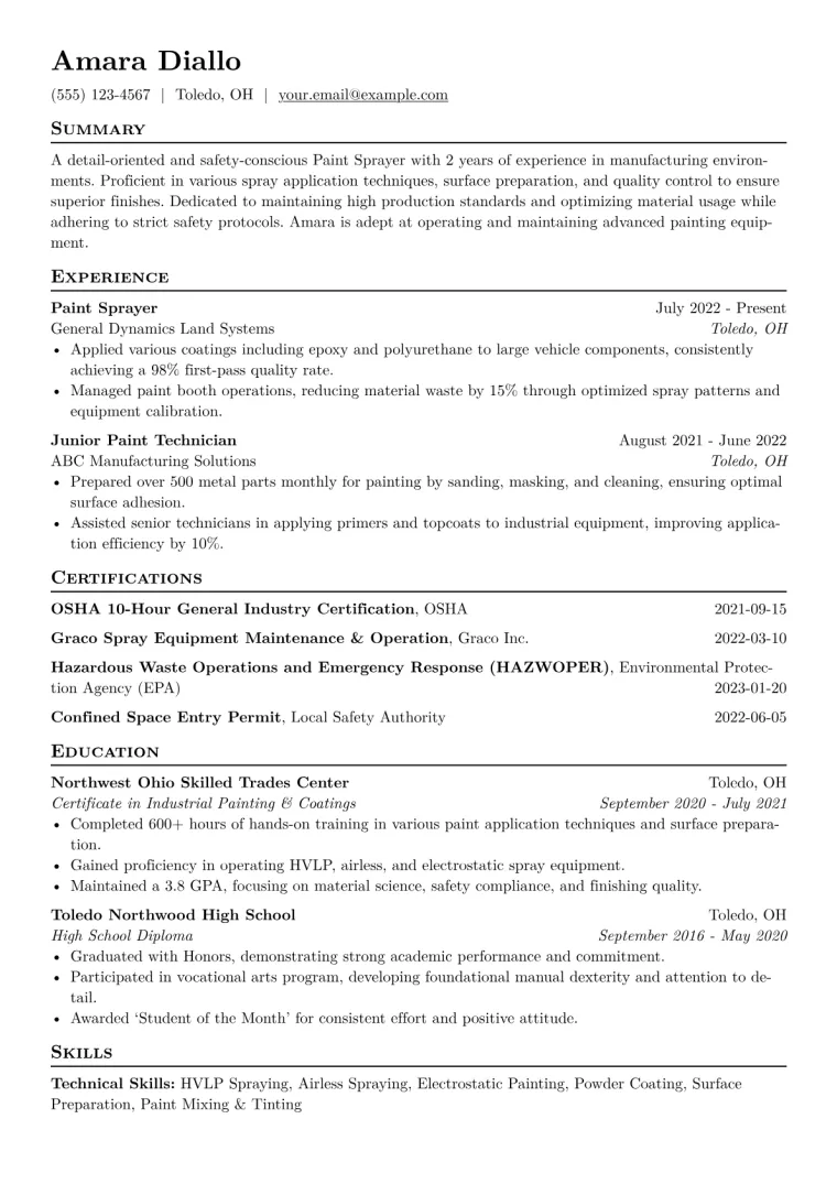 Paint Sprayer Resume Example CV template preview