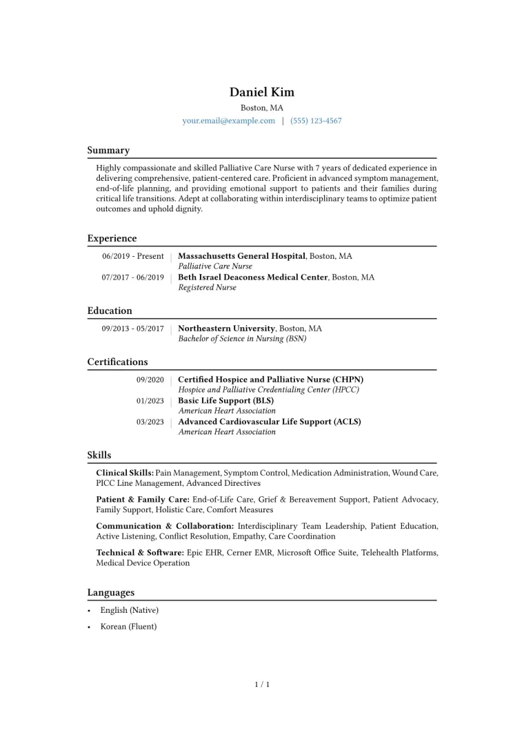 Palliative Care Nurse Resume Example CV template preview
