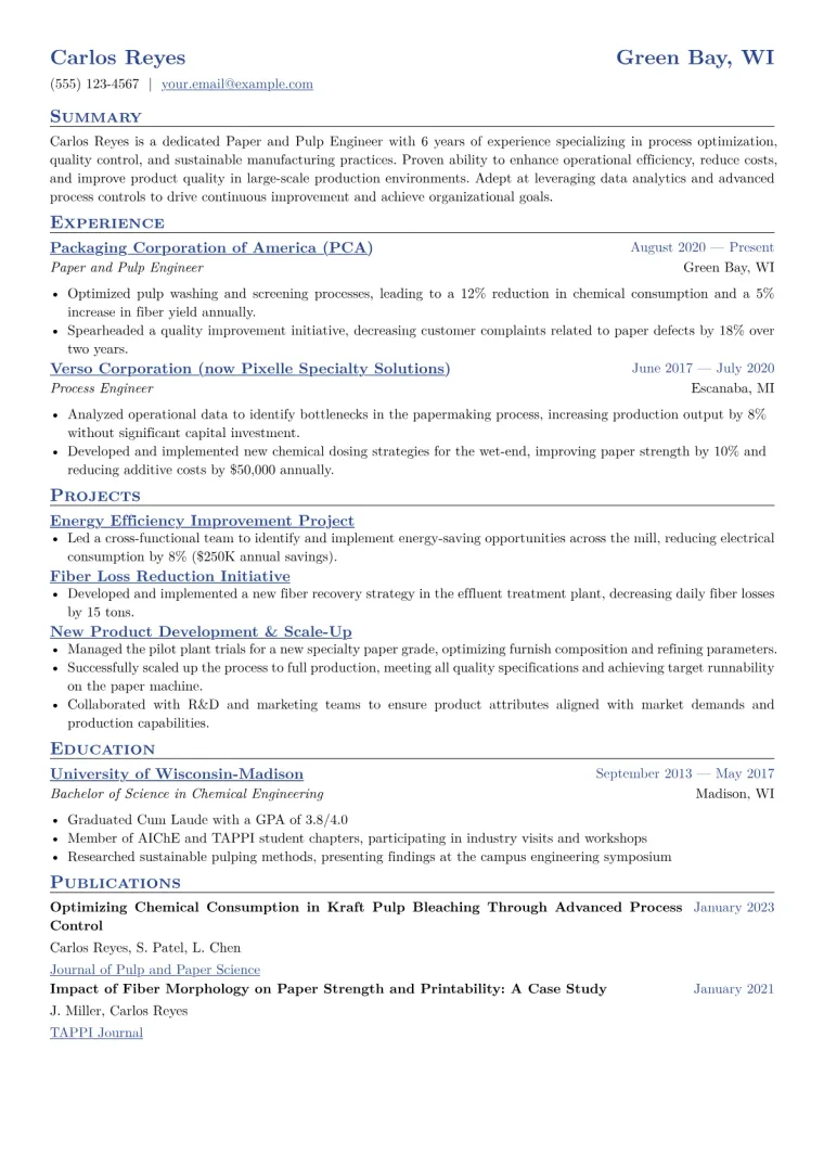 Paper and Pulp Engineer Resume Example CV template preview