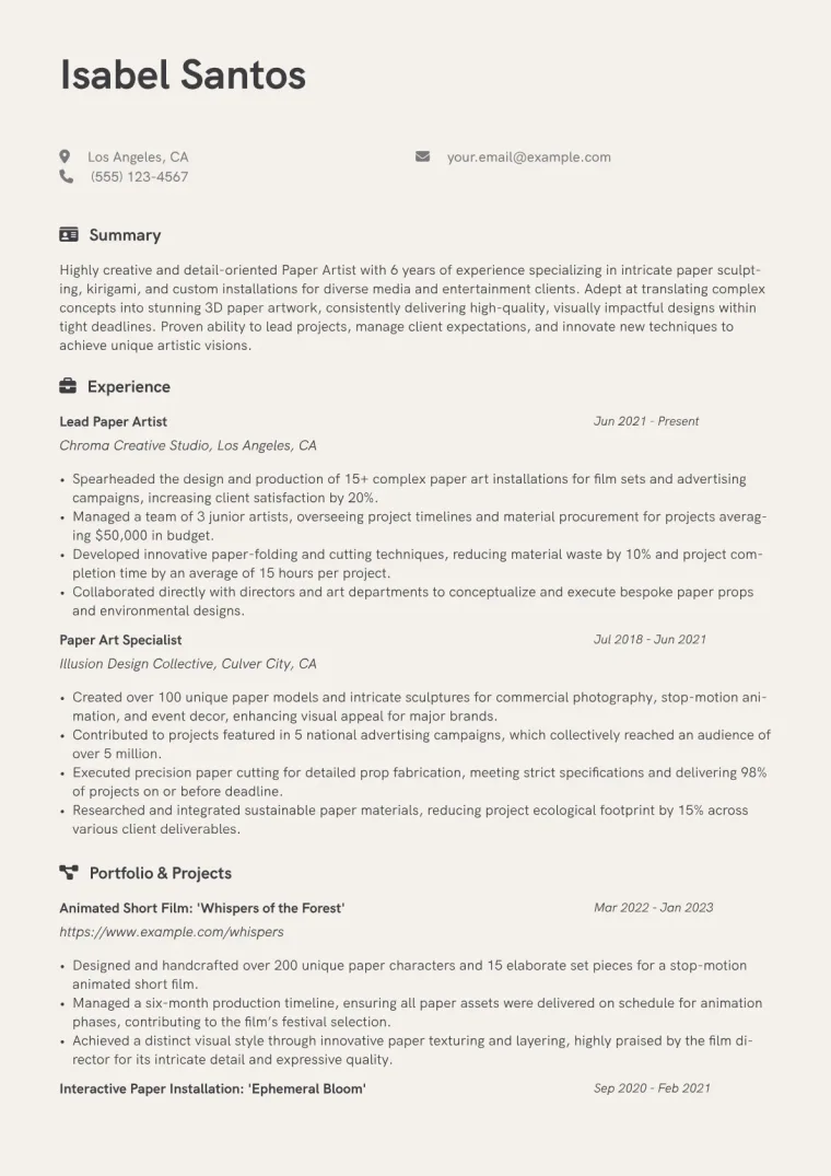 Paper Artist Resume Example CV template preview