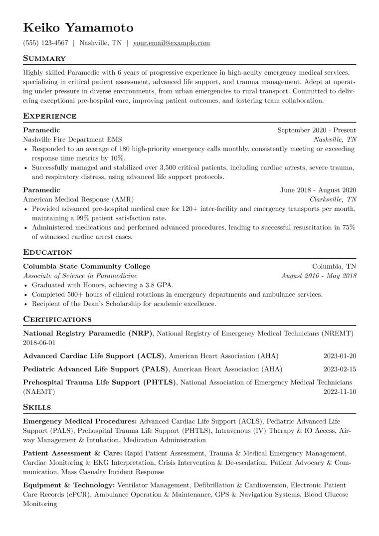 Paramedic Resume Example CV template preview