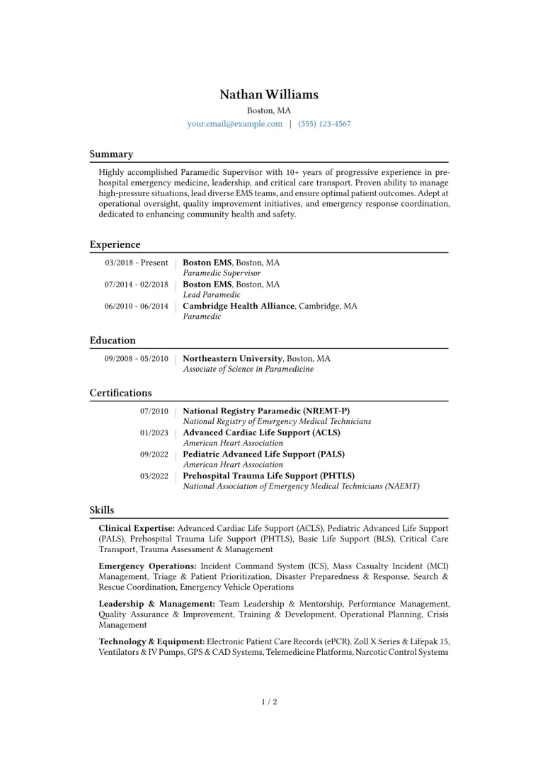 Paramedic Supervisor Resume Example CV template preview