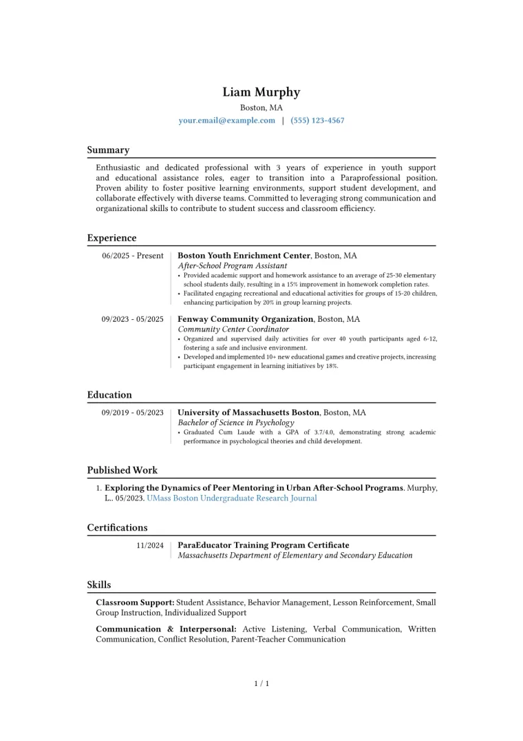 Paraprofessional with No Experience Resume Example CV template preview