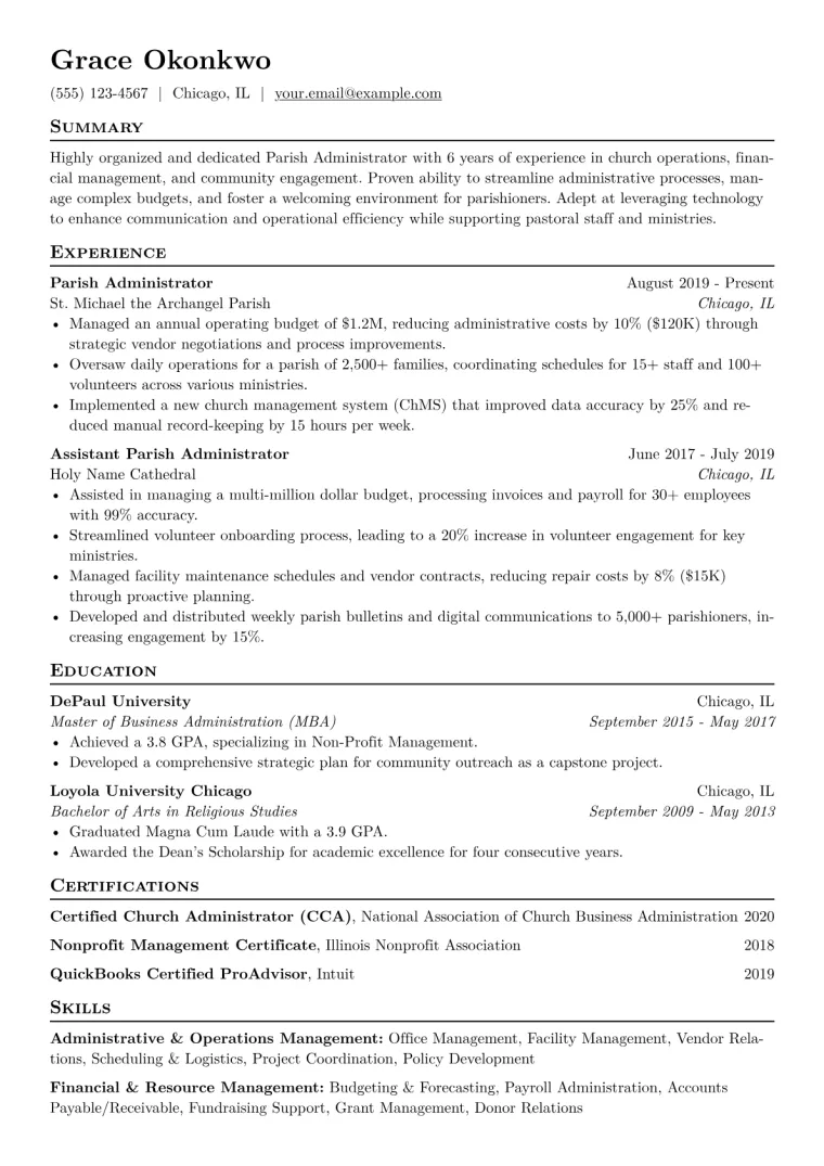 Parish Administrator Resume Example CV template preview