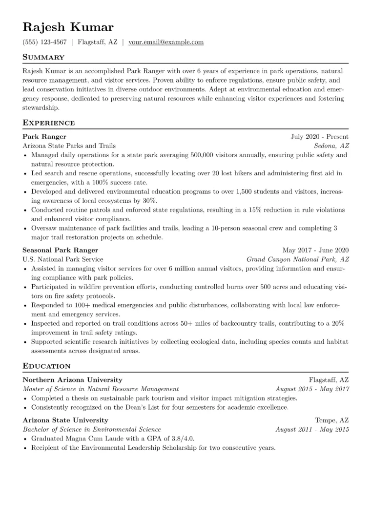 Park Ranger Resume Example CV template preview