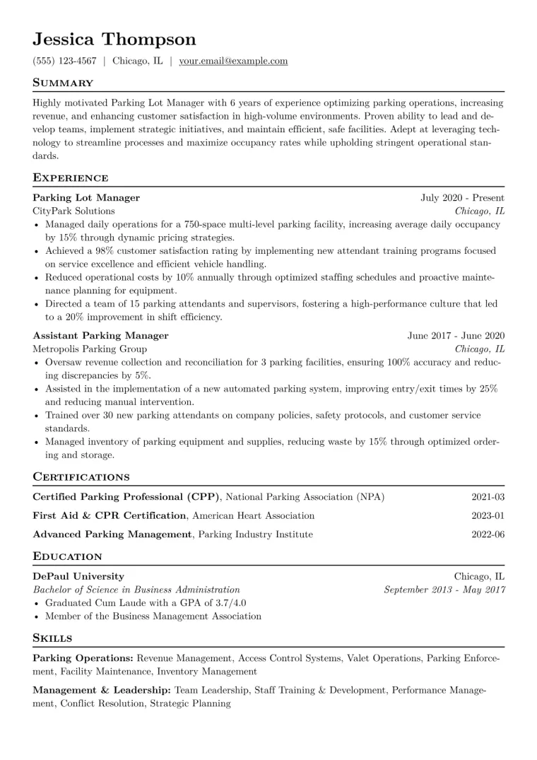 Parking Lot Manager Resume Example CV template preview