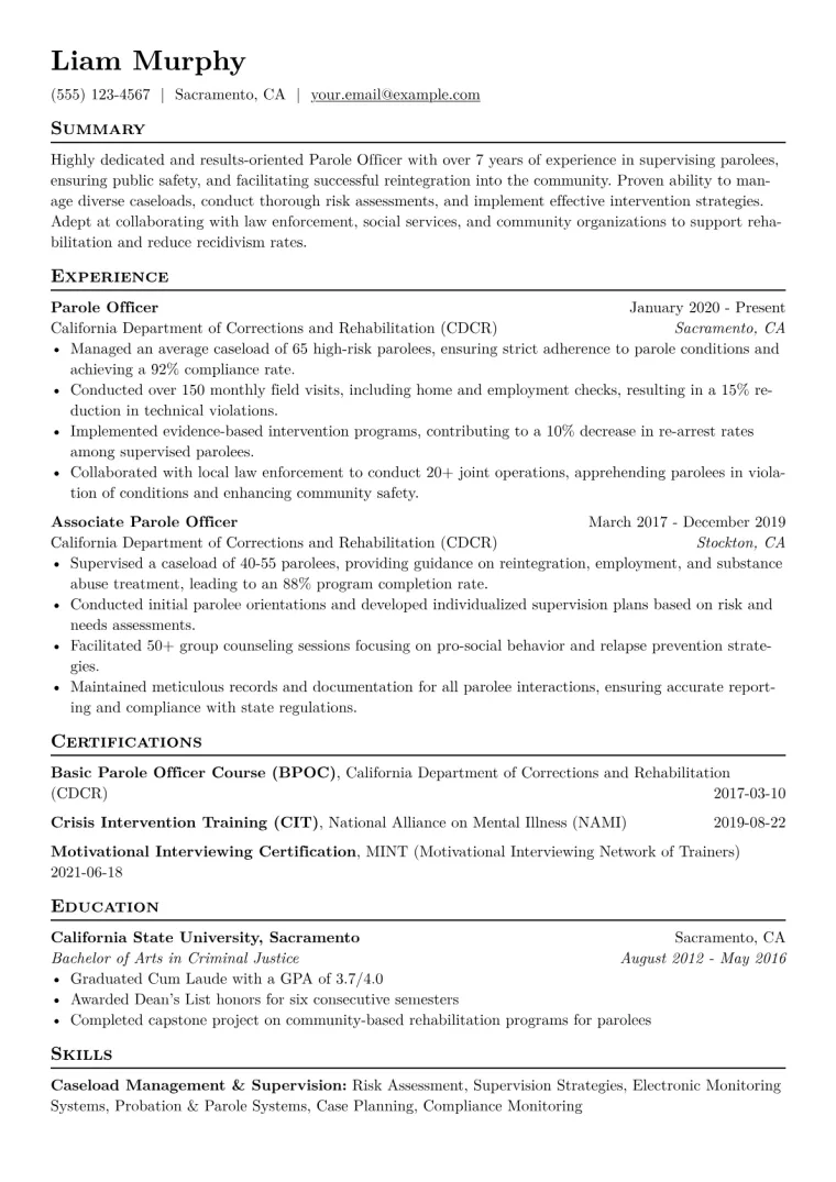 Parole Officer Resume Example CV template preview