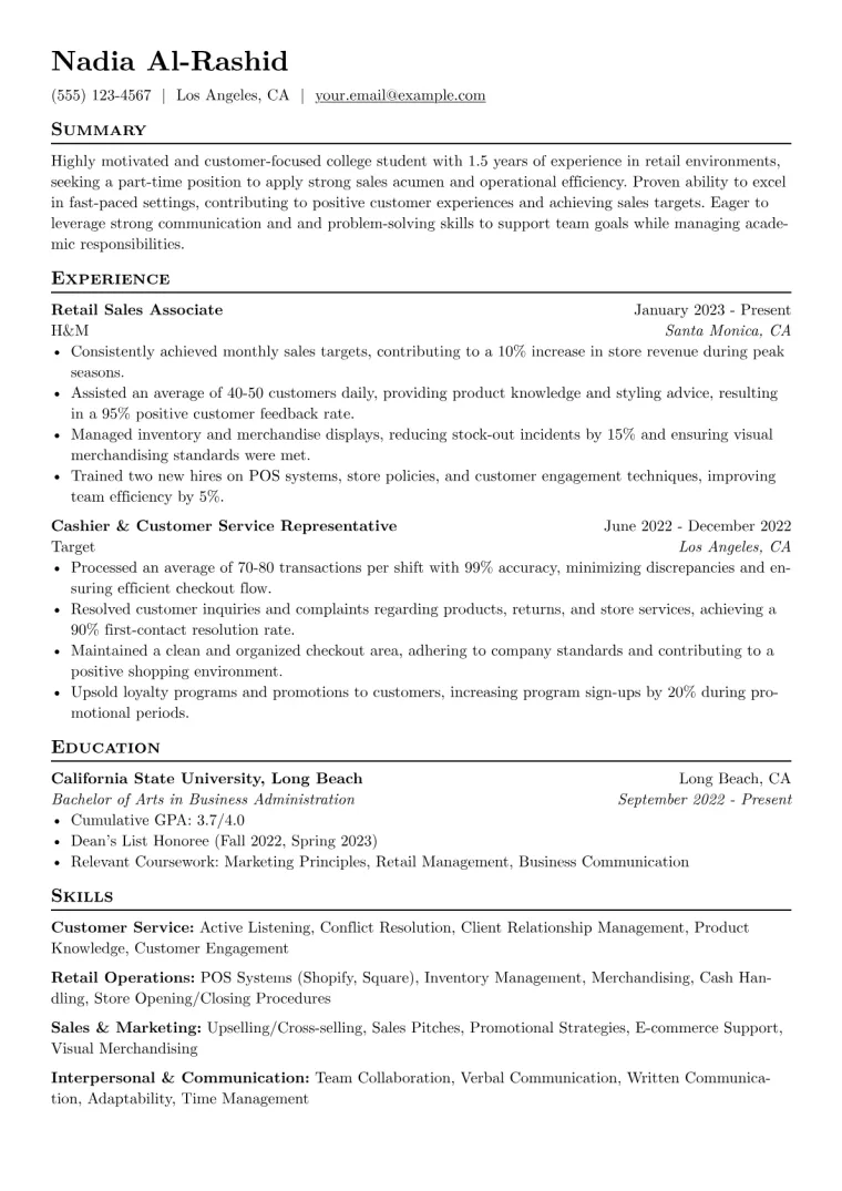 Part-Time Job Resume Example CV template preview
