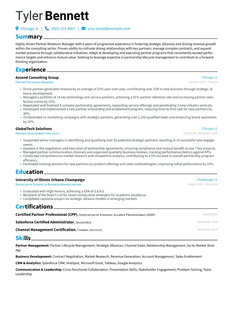 Partner Relations Manager Resume Example CV template preview