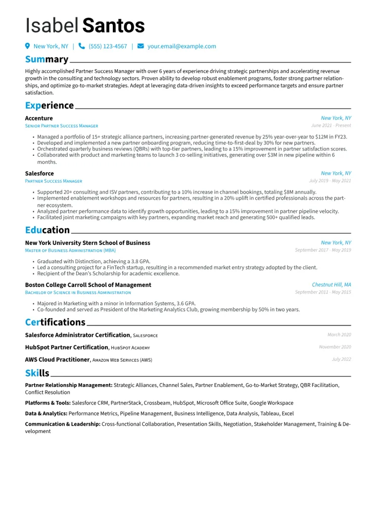 Partner Success Manager Resume Example CV template preview