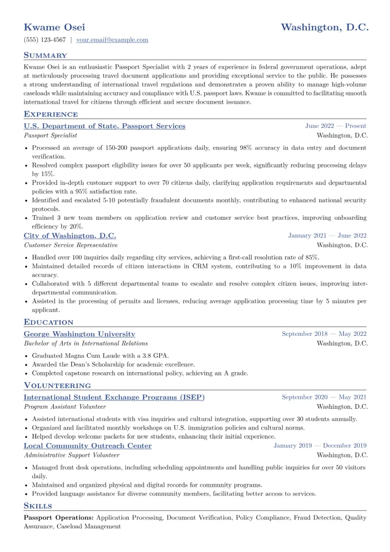 Passport Specialist Resume Example CV template preview