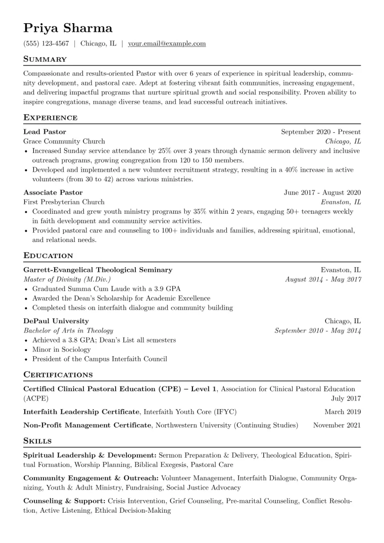 Pastor Resume Example CV template preview