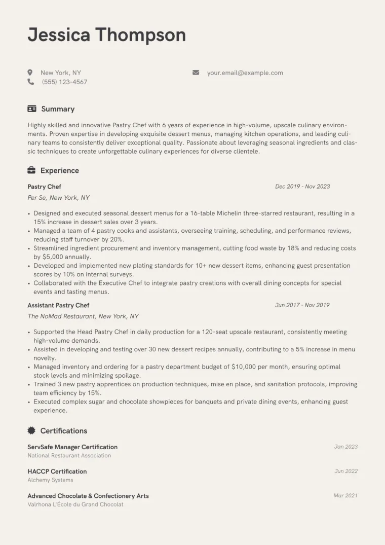 Pastry Chef Resume Example CV template preview