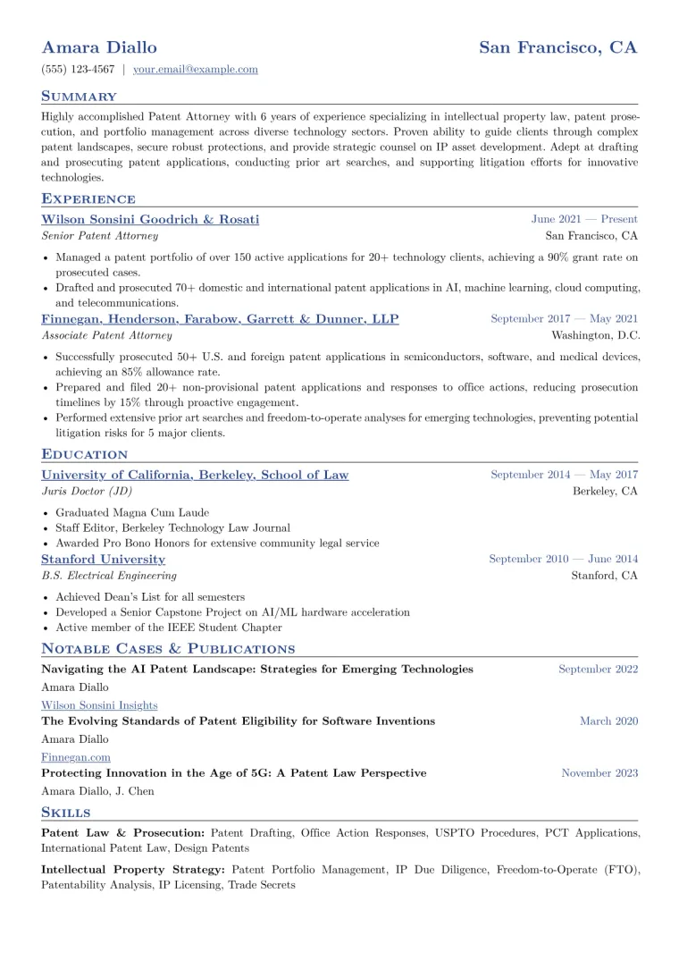 Patent Attorney Resume Example CV template preview