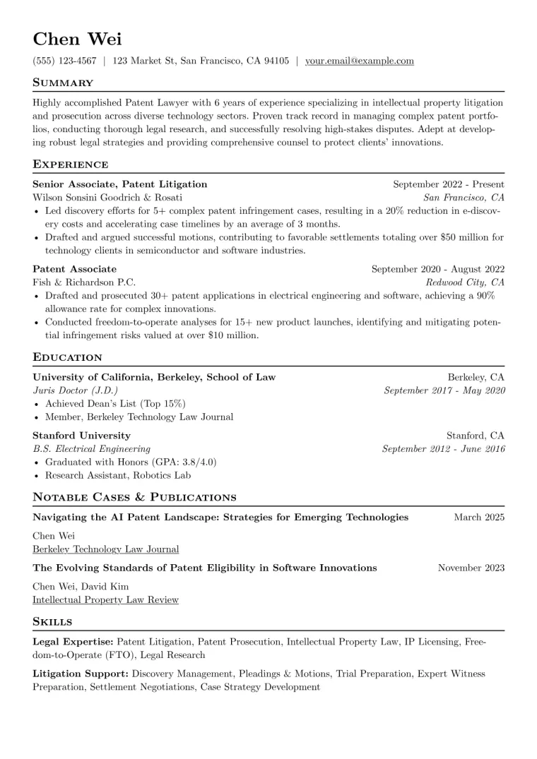 Patent Lawyer Resume Example CV template preview