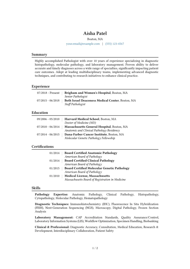 Pathologist Resume Example CV template preview
