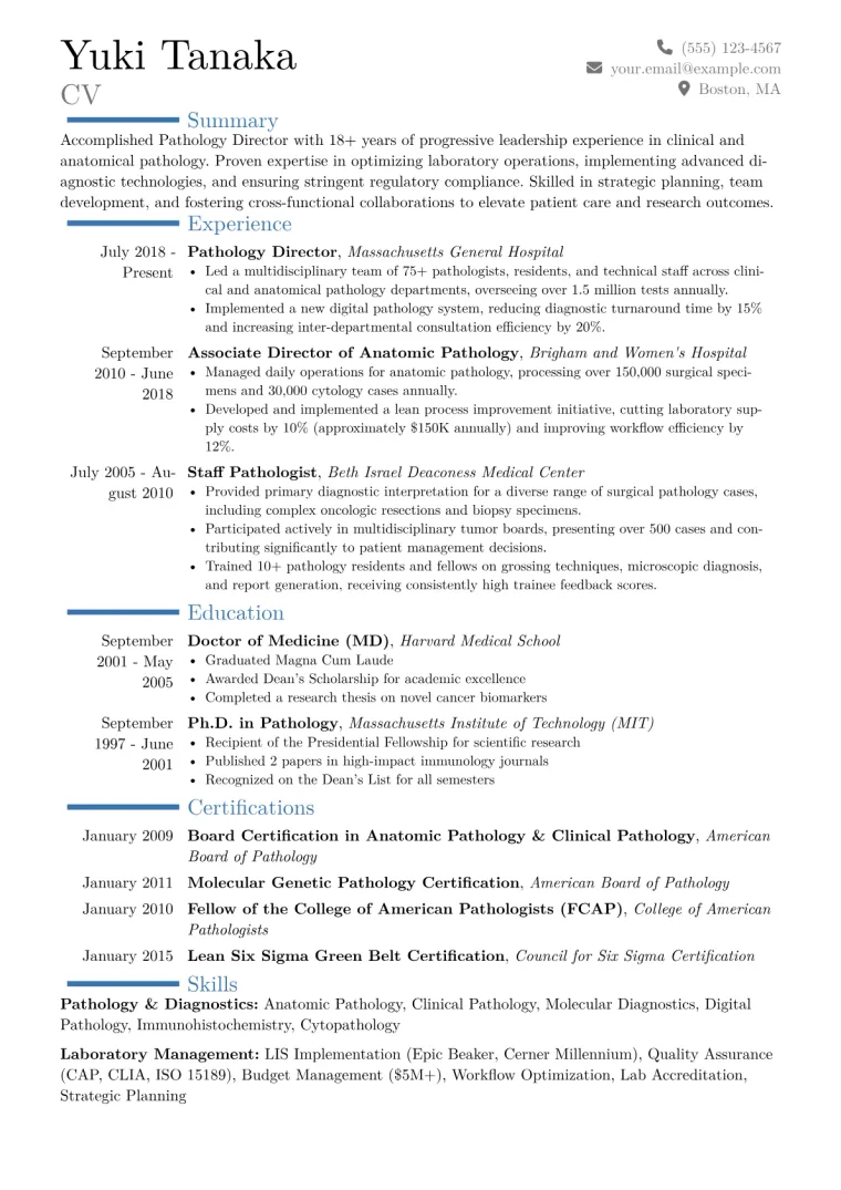 Pathology Director Resume Example CV template preview