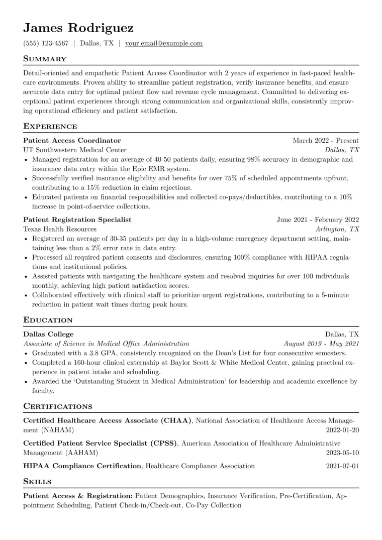 Patient Access Coordinator Resume Example CV template preview