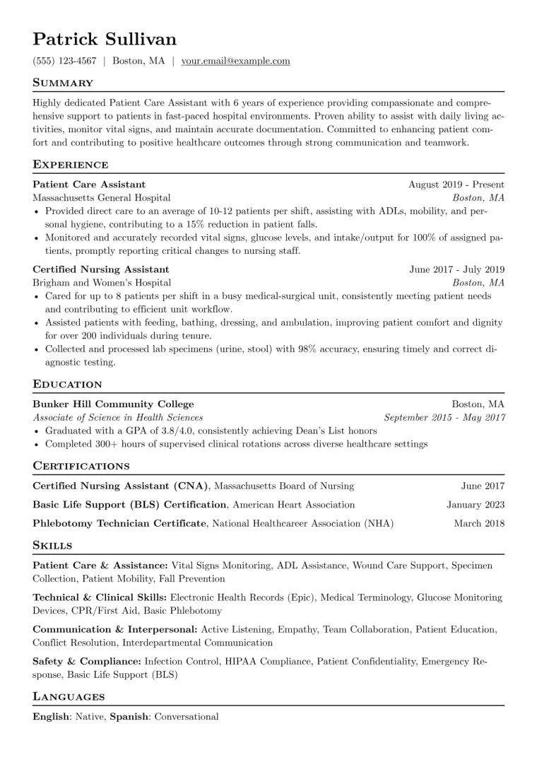 Patient Care Assistant Resume Example CV template preview