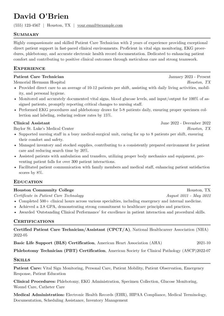 Patient Care Technician Resume Example CV template preview