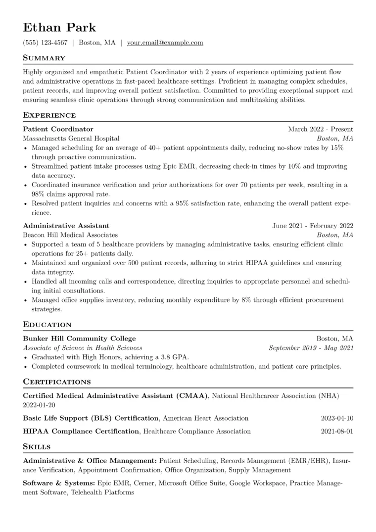 Patient Coordinator Resume Example CV template preview