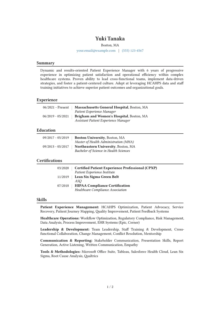 Patient Experience Manager Resume Example CV template preview
