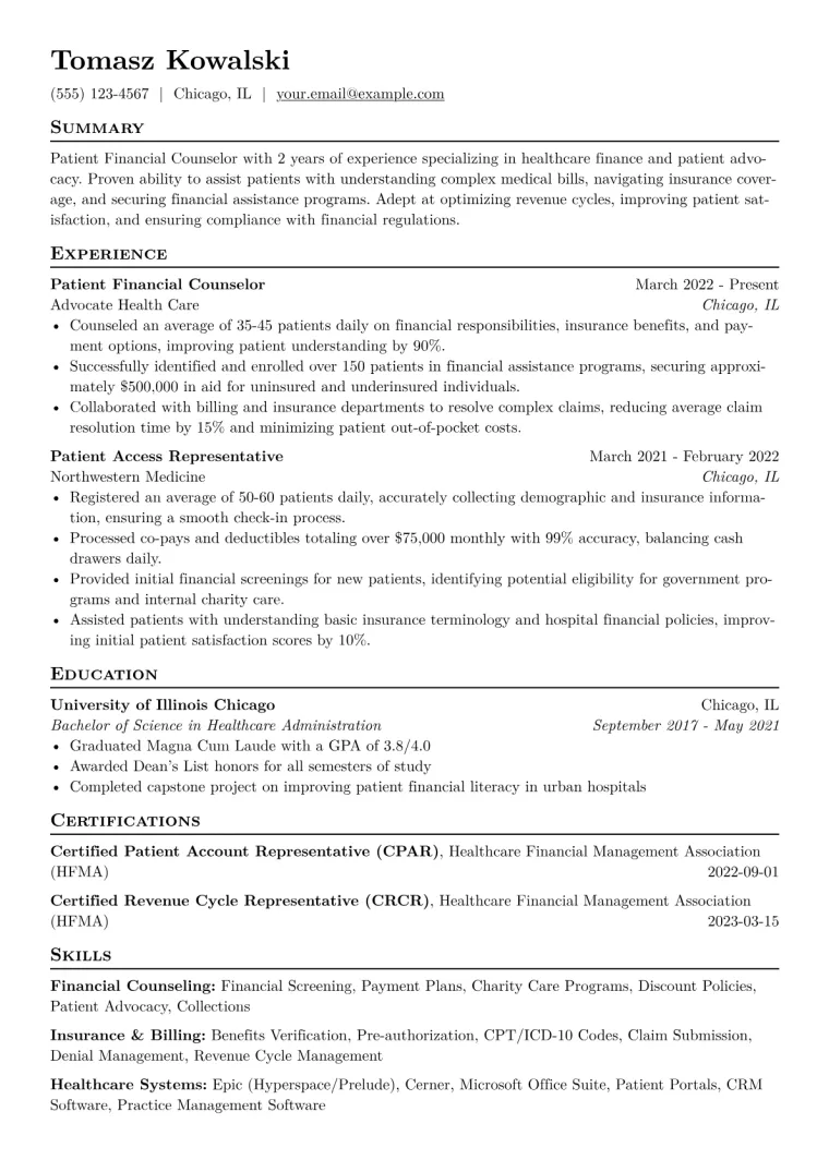Patient Financial Counselor Resume Example CV template preview