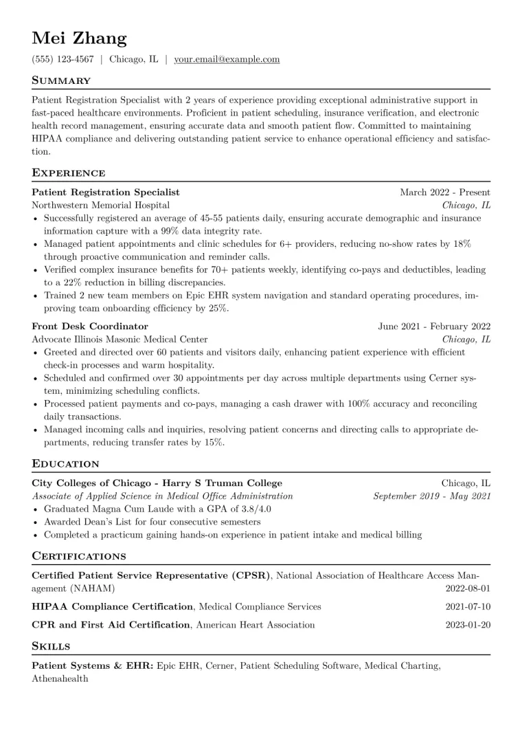 Patient Registration Specialist Resume Example CV template preview